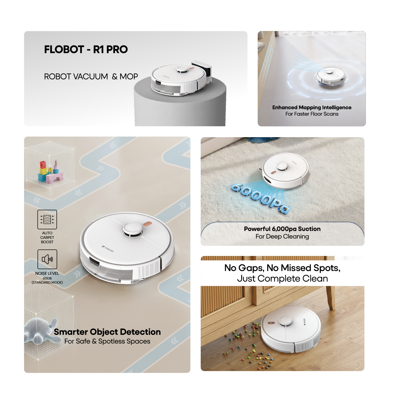 TISOSI Flobot R1 Pro Vacuum and Mop Robot with 6000Pa Strong Suction, LDS Laser Navigation, 5000mAh Battery, Tisosi App & Voice Control, Auto Carpet Boost, Ideal for All Floors. - Image 2
