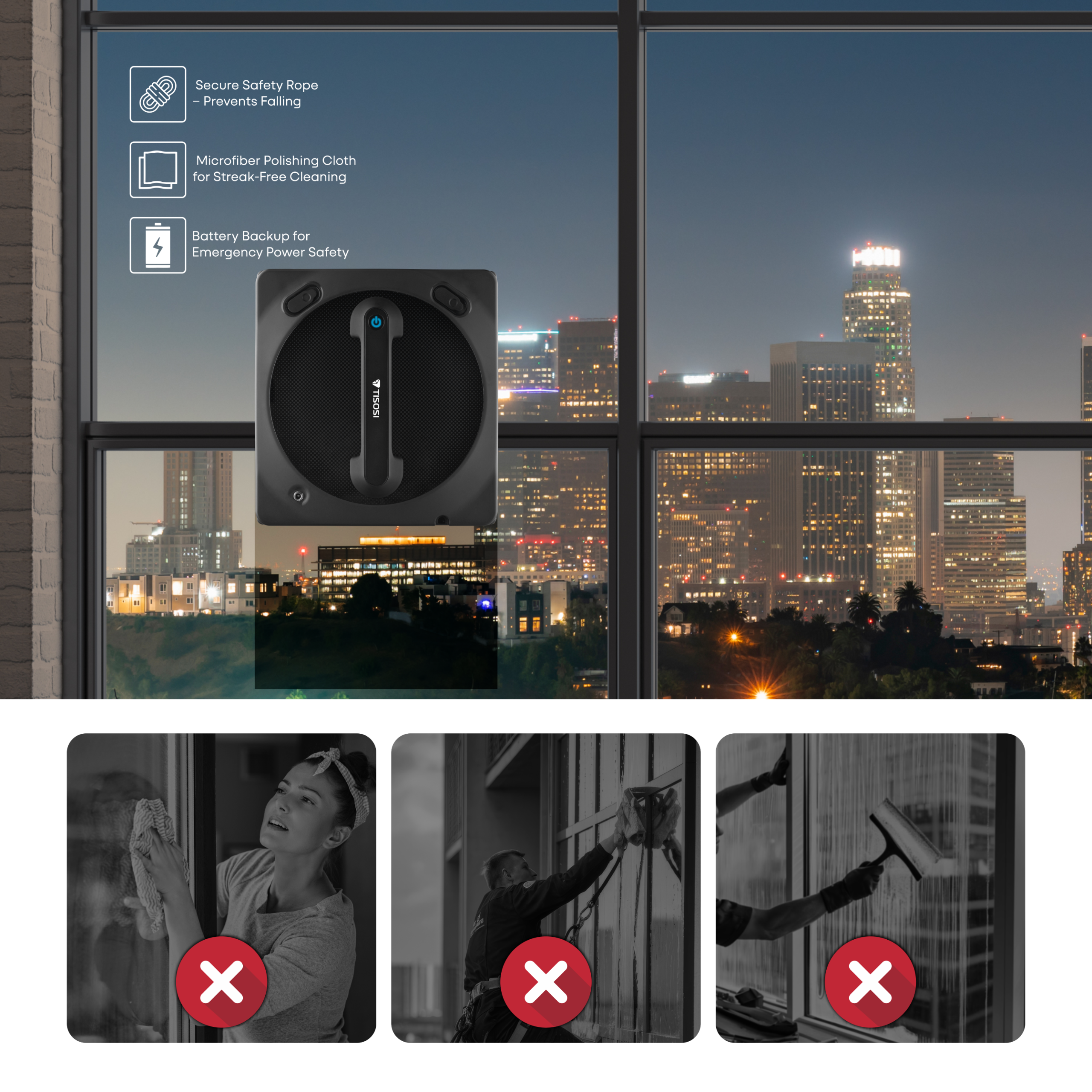 TISOSI PANAROBO W-1T Window Cleaning Robot with Vibration, Dual Nozzles with Ultrasonic Spray, High Cleaning Performance with 4 Auto Paths, App/Remote Control, 2600Pa Suction, Anti-Slip System - Image 7